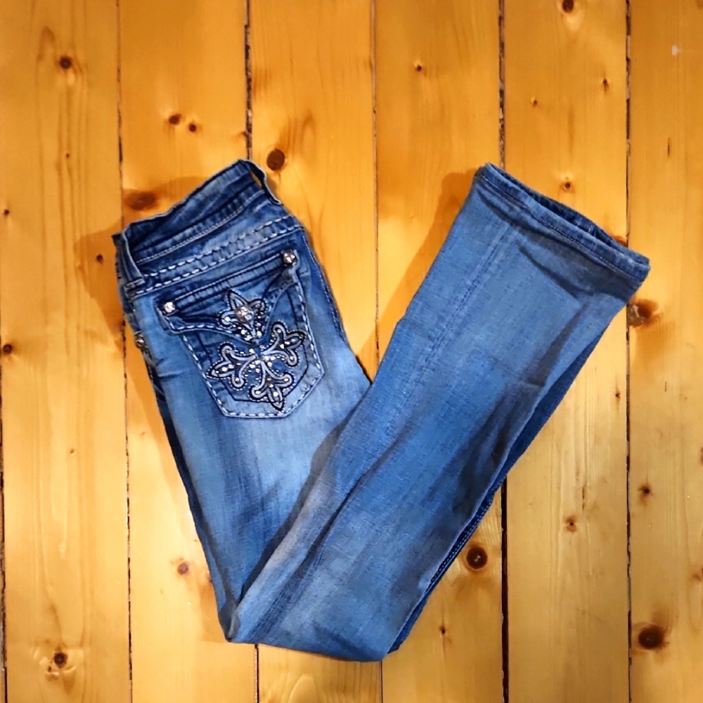 Miss Me Blue Boot Cut Jeans with Embellished Pockets